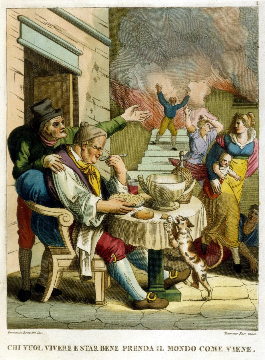 "Joka haluaa nauttia elämästä ja elää hyvin, on otettava maailma sellaisena kuin se tulee." Kokoelma sananlaskuja, kaiverrus 1700-luvun lopulta tekijältä Unknown artist