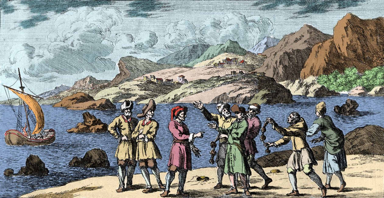 Noituus ja uskomukset: suomalainen ja saamelainen provosoimassa myrskyä kolmen solmun taikuudella. Kaiverrus Johann Zahnin (1631-1707) "Mundi Mirabilis Oeconomiasta" tekijältä Unknown artist