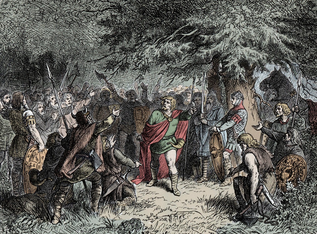 Wittekind kutsuu saksinsa aseisiin - Saksin Widukind (noin 750-810) kehottaa sakseja nostamaan aseensa Francon hyökkäystä Kaarle Suureen vuonna 777 vastaan tekijältä Unknown artist