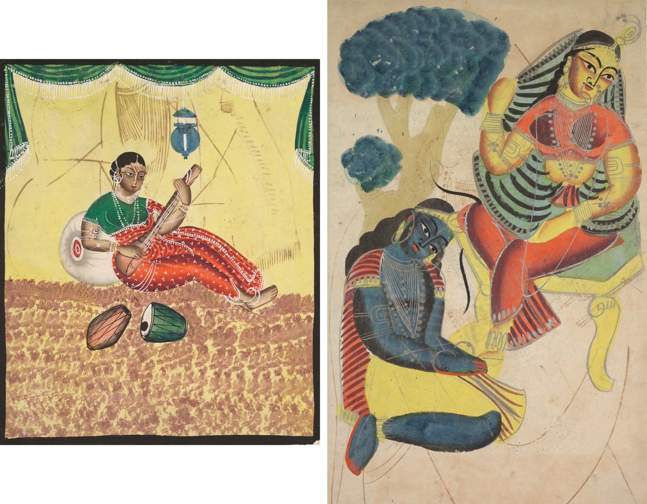 Nainen soittamassa musiikkia (recto); Krishna silitti Radhan jalkoja (käänteinen) tekijältä Unknown artist
