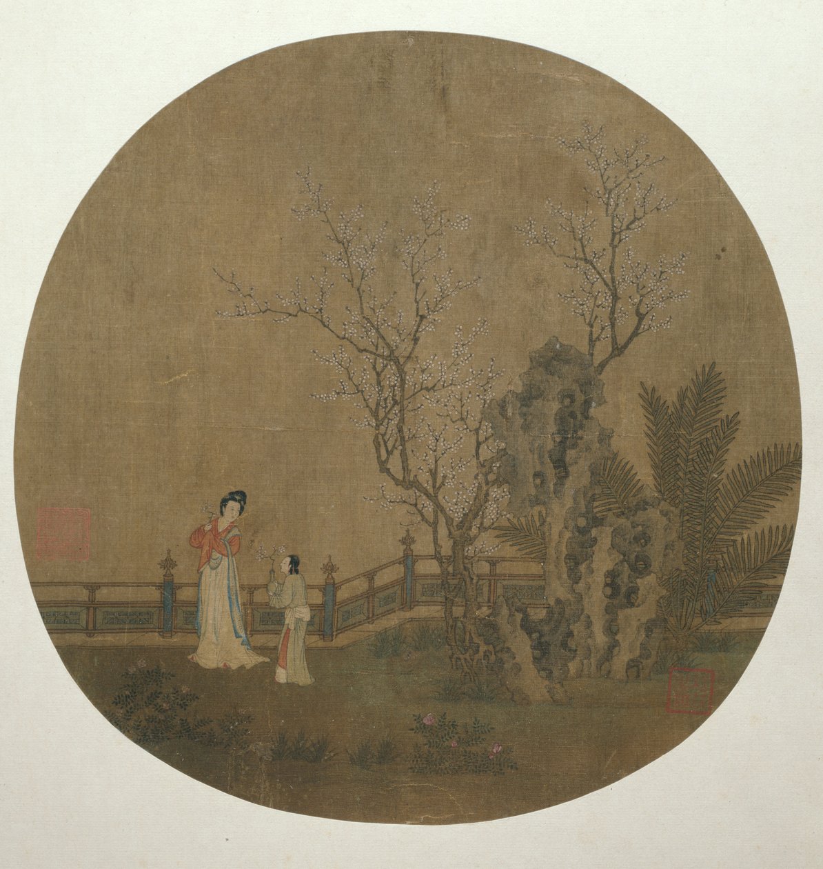 Nainen ja naispuolinen palvelija palatsin puutarhassa tekijältä Unknown artist