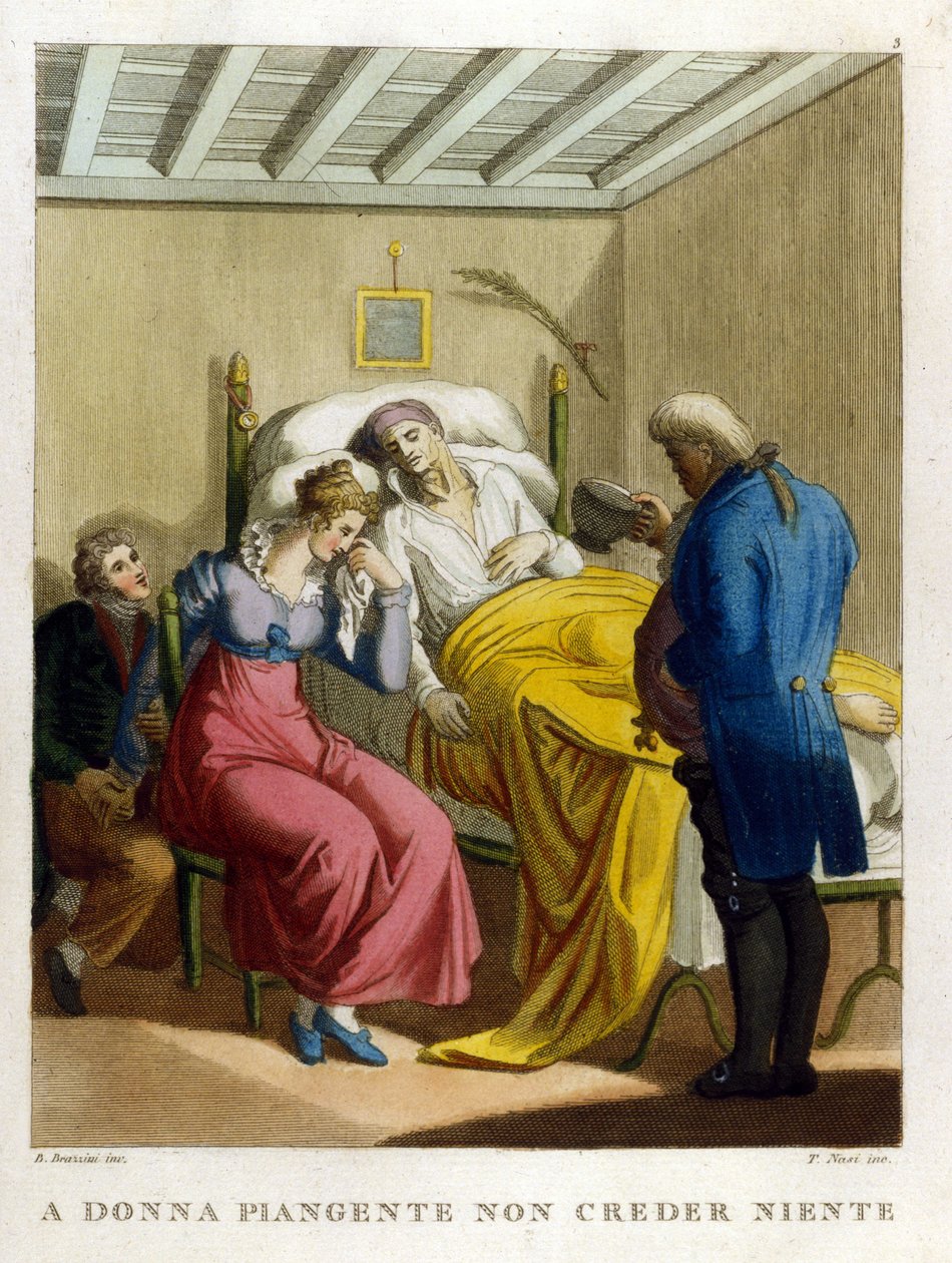 "Naisen kyyneleet, pahan lähde. Katso naisen itkemistä." 1700-luvun kaiverrus, joka kuvaa sarjaa sananlaskuja. tekijältä Unknown artist