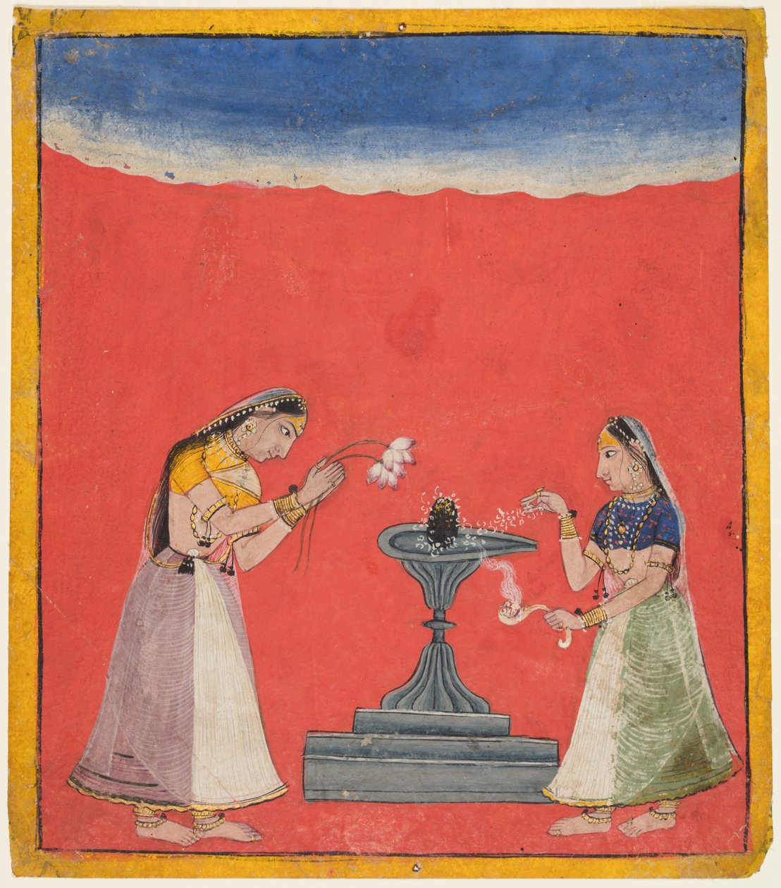 Naiset palvovat Shiva Lingaa: Devagandhari Ragini Hindolista, Chamba Ragamalassa tekijältä Unknown artist