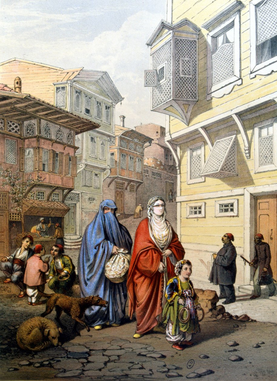Naiset verhottuina Konstantinopolin kadulla - kaiverrus tekijältä Unknown artist