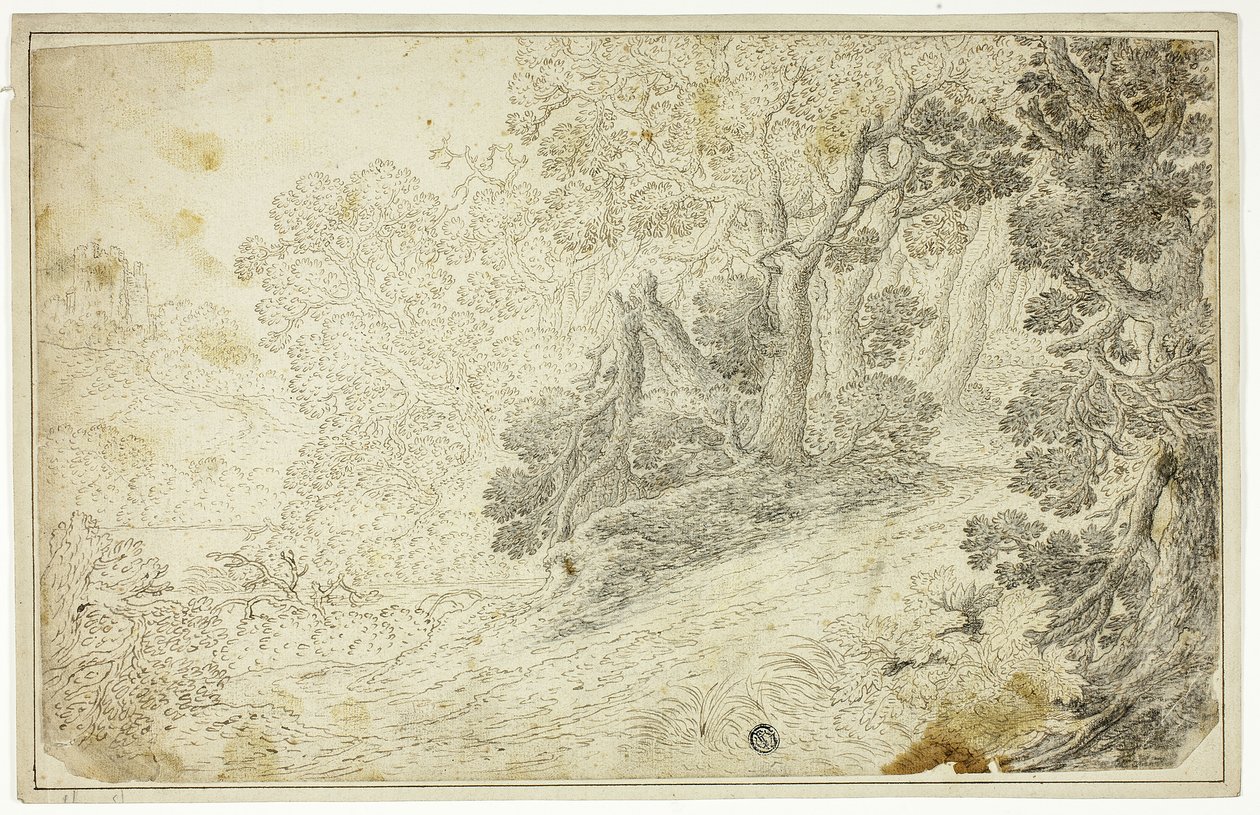 Metsäinen jokimaisema näköalalla linnalle tekijältä Unknown artist