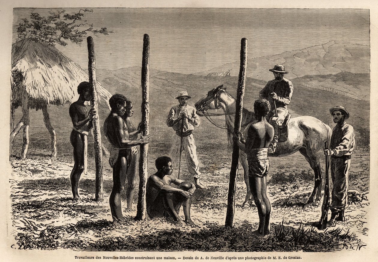 Työläiset Uusilta Hebrideiltä (tai vuodesta 1980 Vanuatun tasavallasta, Melanesian saaristosta Pohjois-Uuden-Kaledoniassa), rakentamassa taloa, jonka kirjailija tapaa hevosretken aikana. Engravure pour illustrrer le voyage à la Nouvelle Caledonie, tekijältä Unknown artist