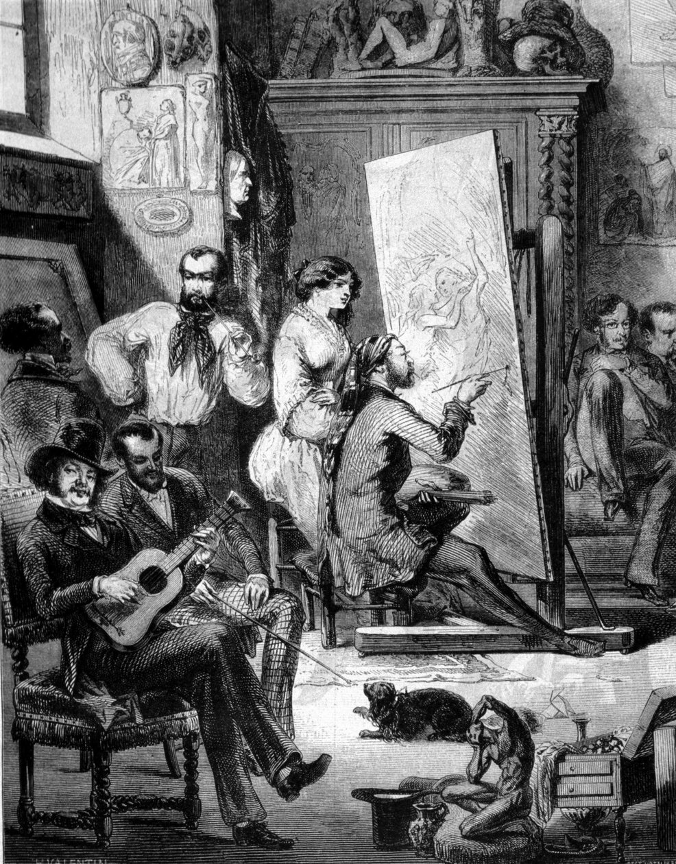 Taidemaalarin työpaja 1800-luvulla. Jotkut soittavat musiikkia, toiset tupakoivat maalarin piirtämisen aikana. Kaiverrus 1800-luvulta tekijältä Unknown artist