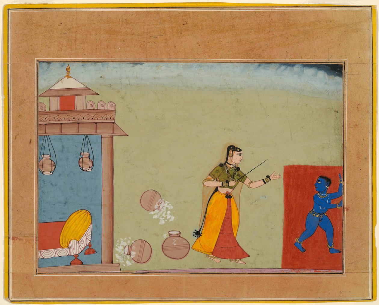 Yashoda rankaisee kasvattiaan, nuorta Krishnaa, sivu Bhagavata Puranan käsikirjoituksesta. tekijältä Unknown artist