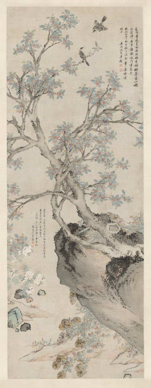 Keltaiset krysanteemit ja punainen osmanthus Wang Yuanin tyyliin tekijältä Unknown artist