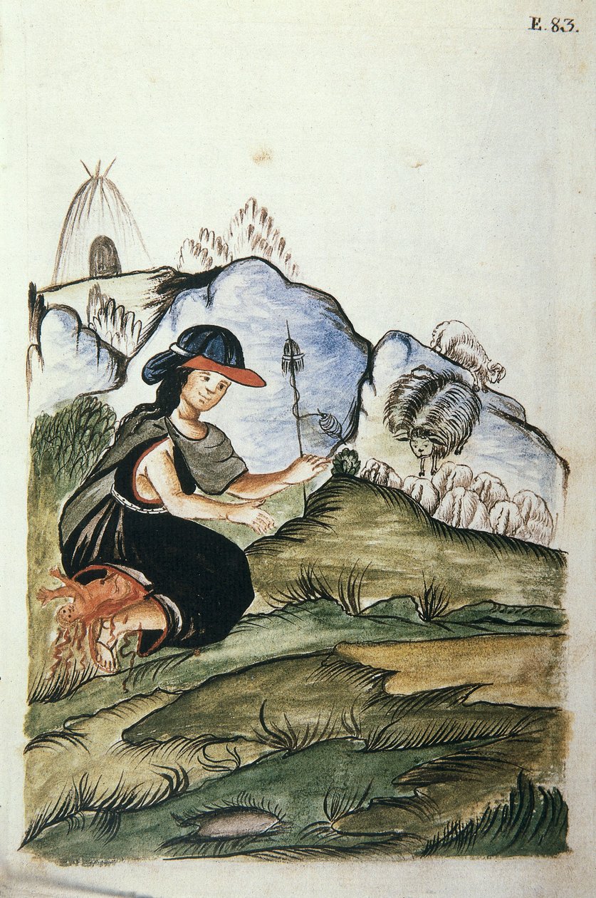 Nuori intialainen paimentar, joka synnyttää luonnossa, Trujillon piispan (1782-1785) Baltazar Martinez Compañón y Bujandan kirjasta "Trujillo del Peru" tai "Códice Martínez Compañón" tekijältä Unknown artist