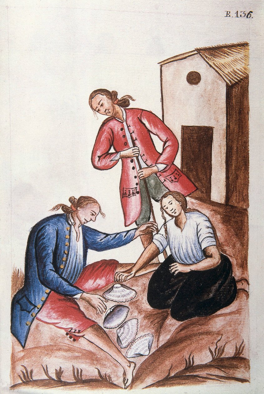 Nuoret intiaanit, jotka pelaavat simpukoita, Trujillon piispan (1782-1785) Baltazar Martinez Compañón y Bujandan kirjasta "Trujillo del Peru" tai "Códice Martínez Compañón" tekijältä Unknown artist
