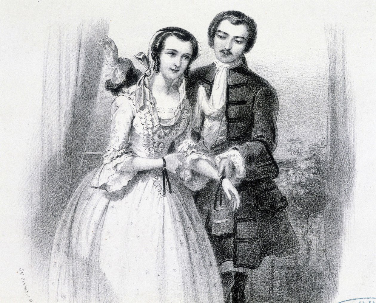 Nuori mies seurustelee nuoren naisen kanssa, deb. 1800-luvulla tekijältä Unknown artist
