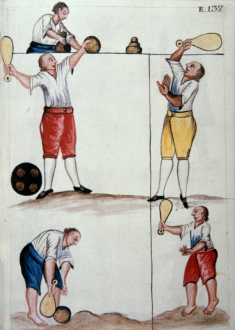 Nuoret metissit pelaamassa pallopeliä Trujillon piispan (1782-1785) Baltazar Martinez Compañón y Bujandan kirjasta "Trujillo del Peru" tai "Códice Martínez Compañón" tekijältä Unknown artist
