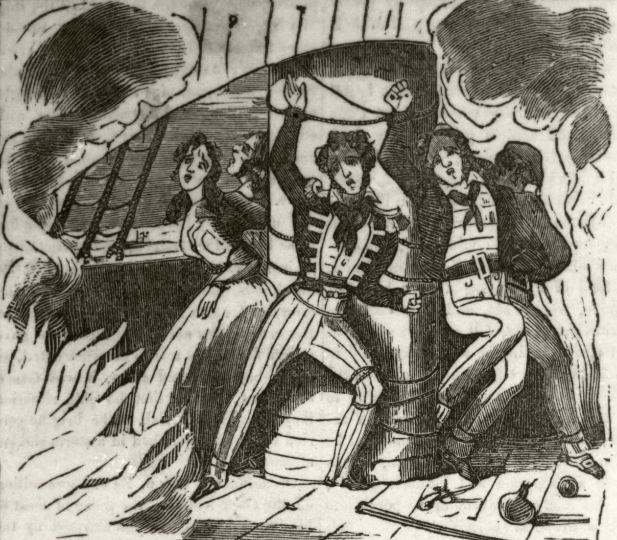 Zampa, algerilainen korsaari: "Kapteeni, nuori nainen ja osa englantilaisen aluksen miehistöä, sidottu päämastoon ja poltettu kuoliaaksi", n. 1836 tekijältä Unknown artist