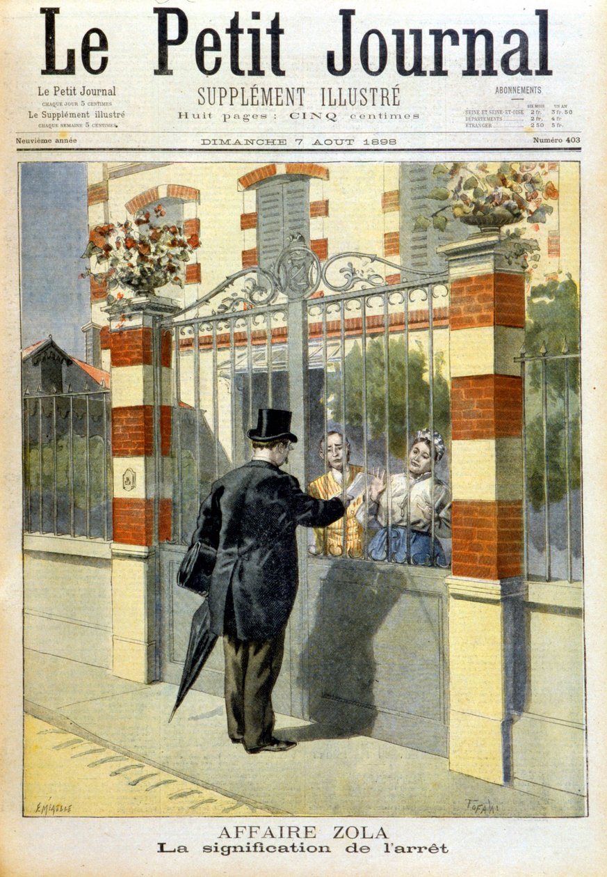 Zolan tapaus - tuomion tiedoksianto. Kansi Le petit Journal, 8.7.1898. tekijältä Unknown artist