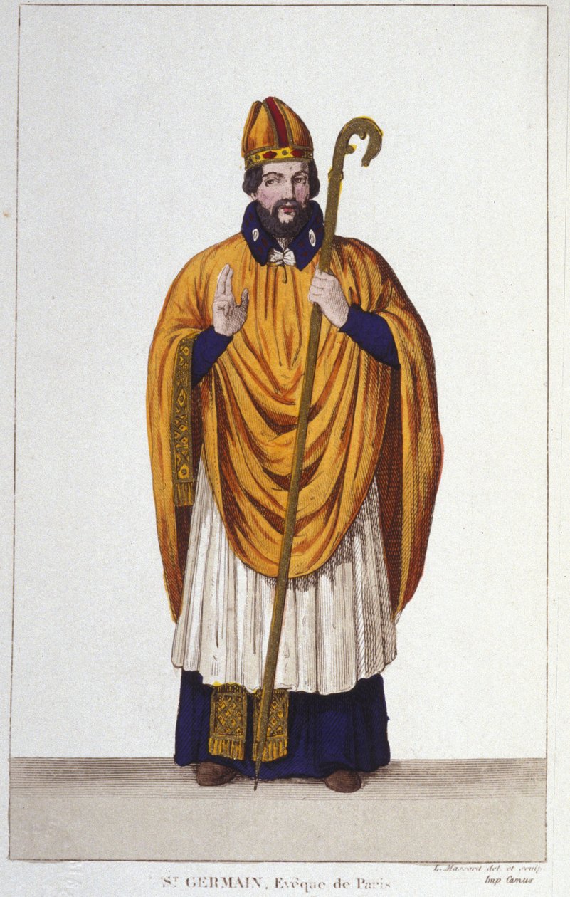 muotokuva Saint Germainista. Eveque of Paris kaiverruksessa 555 vuodelta 1830 tekijältä Unknown artist