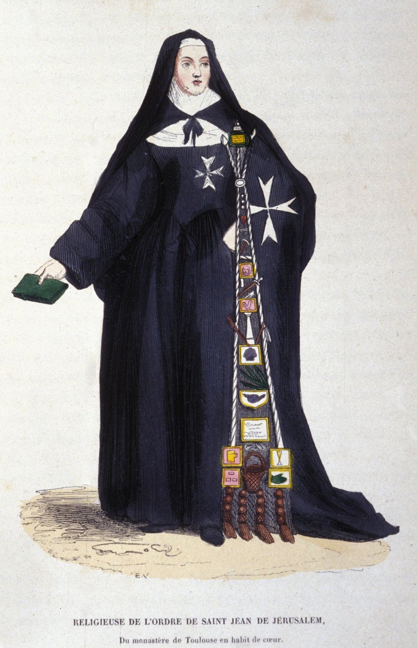 Pyhän Johannes Jerusalemin ritarikunnan uskonnollinen, Toulousen luostarista Coeurin puvussa. Kaiverrus albumista uskonnollisista määräyksistä, Pariisi tekijältä Unknown artist