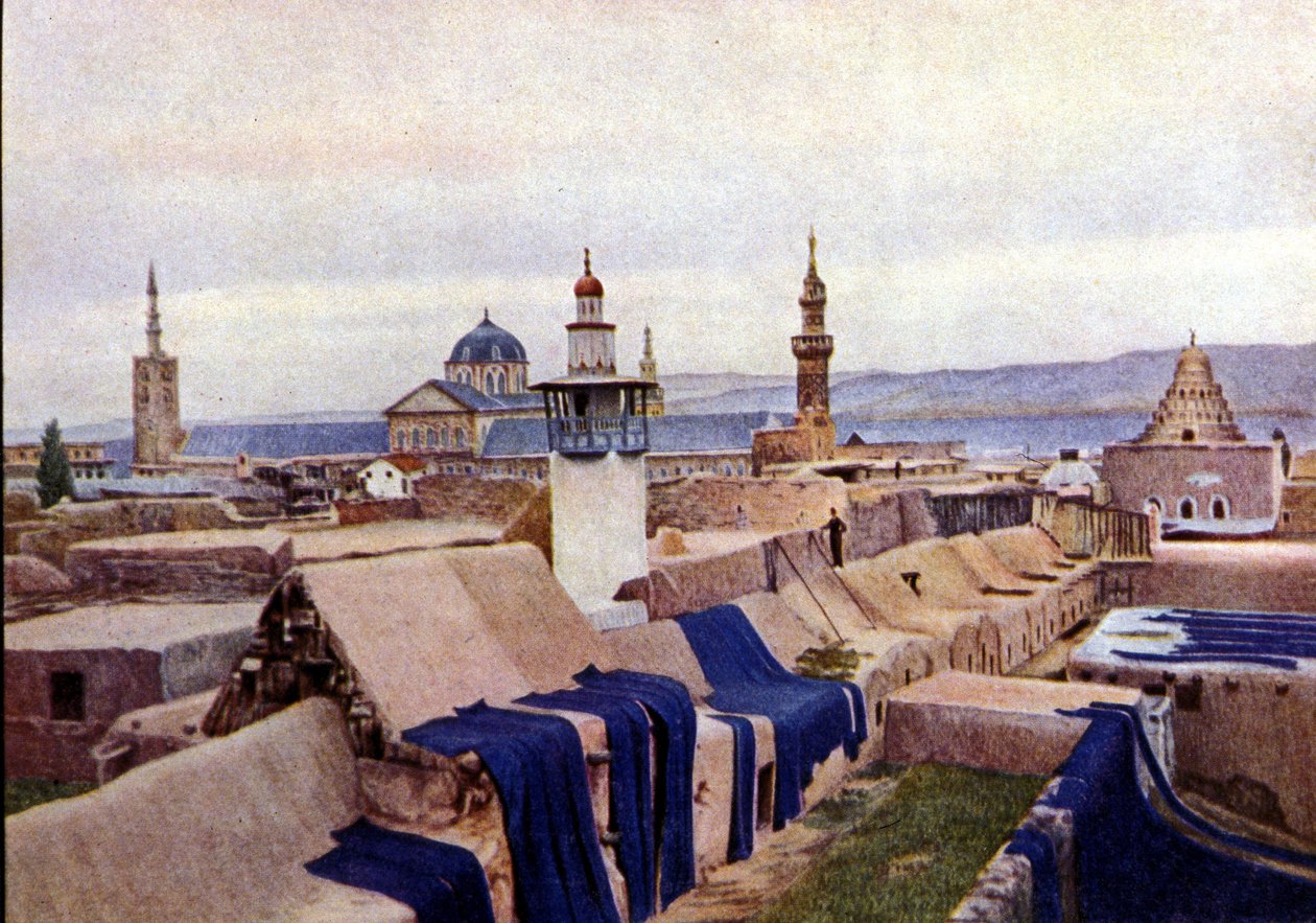 Siniset puuvillakankaat laitettu kuivumaan värjäjien katoille Damaskuksessa (Syyria). tekijältä Unknown photographer