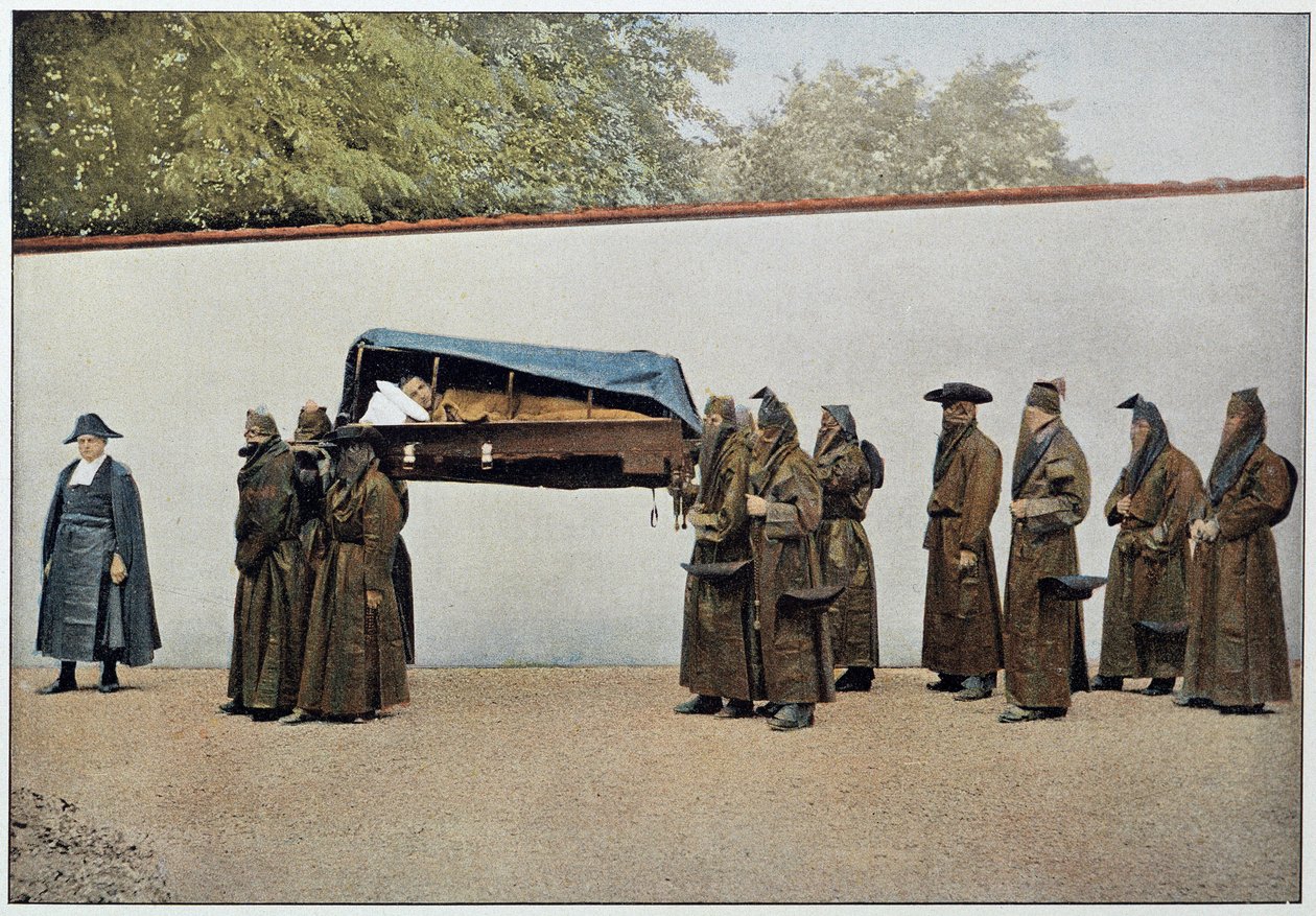 Hyväntekeväisyyshillon veljet, jotka kuljettavat sairaan ihmisen sairaalaan, Italia, 1800-luvun loppu. tekijältä Unknown photographer
