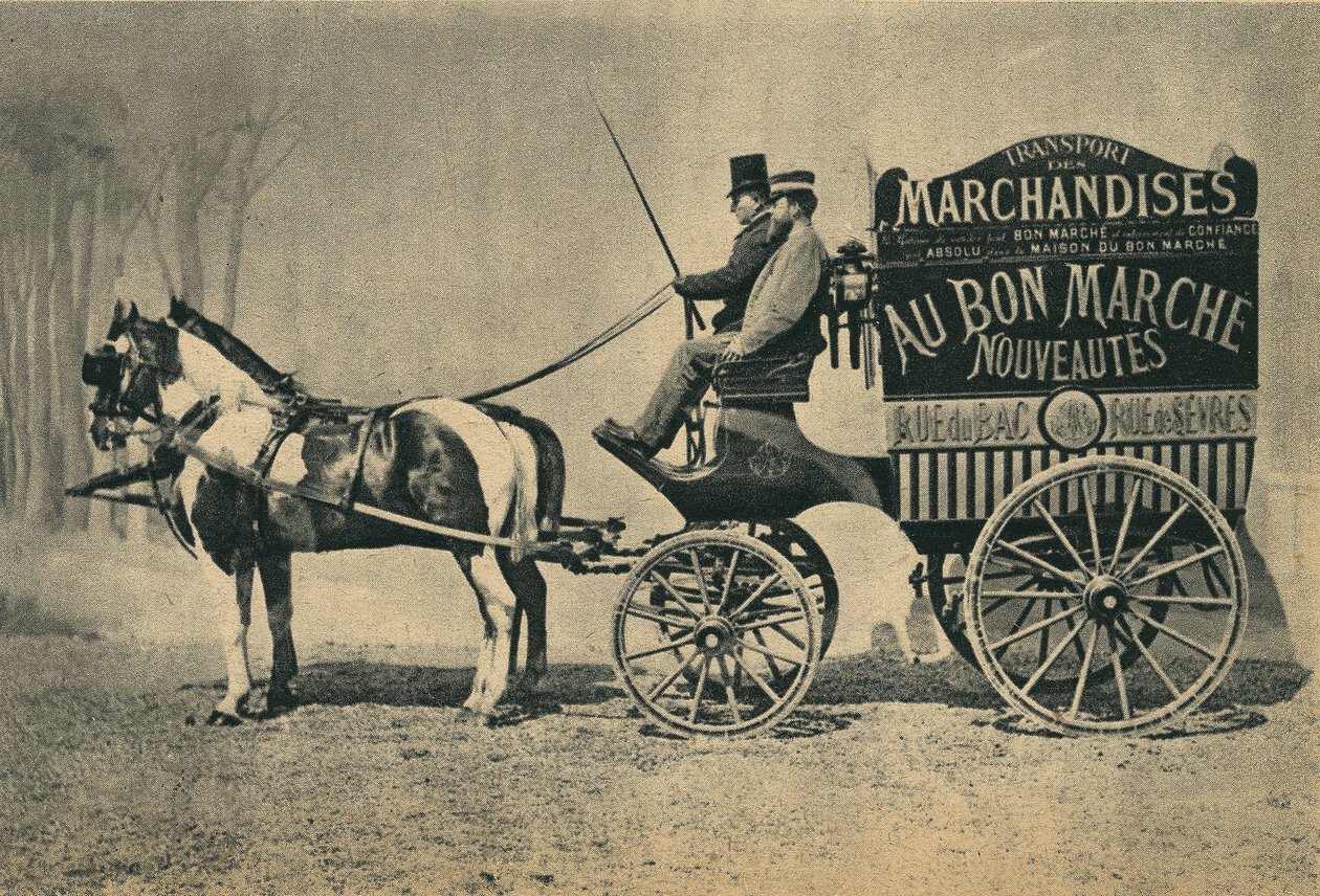 Toimitus hevosauto myymälästä "" Au Bon Marche" Pariisissa, rue du Bac ja rue de Sevres. Valokuvaus, 1800-luvun loppu, Pariisi. Coll. Selva. tekijältä Unknown photographer