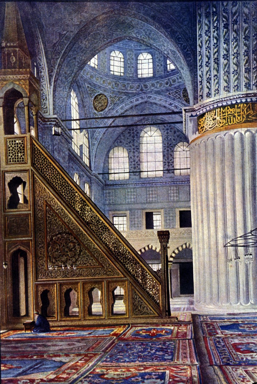 Hagia Sofia -moskeijan sisustus Konstantinopolissa (Turkki). Mihrab. Autochrome tekijältä Unknown photographer