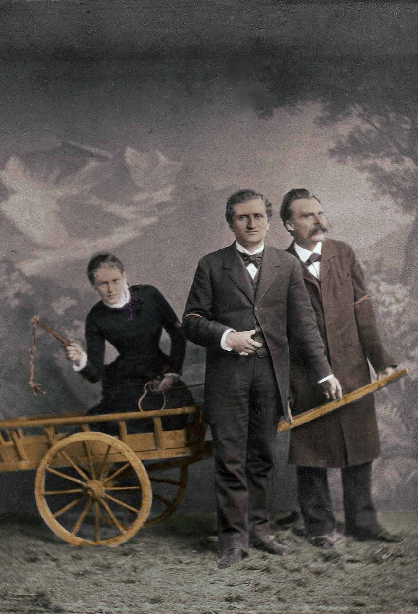 Paul Ree (1849-1901) englantilainen filosofi - Lou Andreas-Salome (1861-1937) (Andreas Salome) venäläinen psykoanalyytikko - Friedrich Nietzsche (1844-1900) saksalainen filosofi - toukokuu 1882 (Lucerne, Atelier Jules Bonnet -) tekijältä Unknown photographer