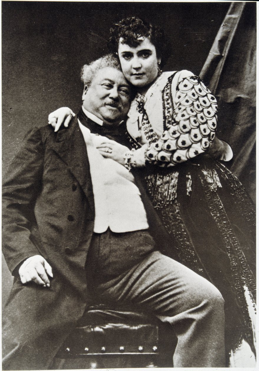 Muotokuva Alexandre Dumas Pèrestä (1802 - 1870) ja hänen rakastajataristaan tekijältä Unknown photographer