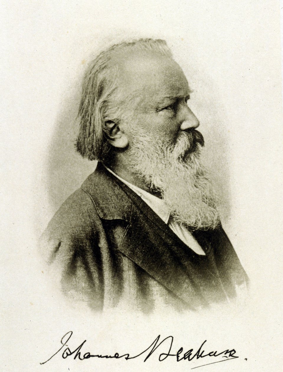 Saksalaisen säveltäjän Johannes Brahmsin (1833 - 1897) muotokuva nimikirjoituskuvassa. tekijältä Unknown photographer