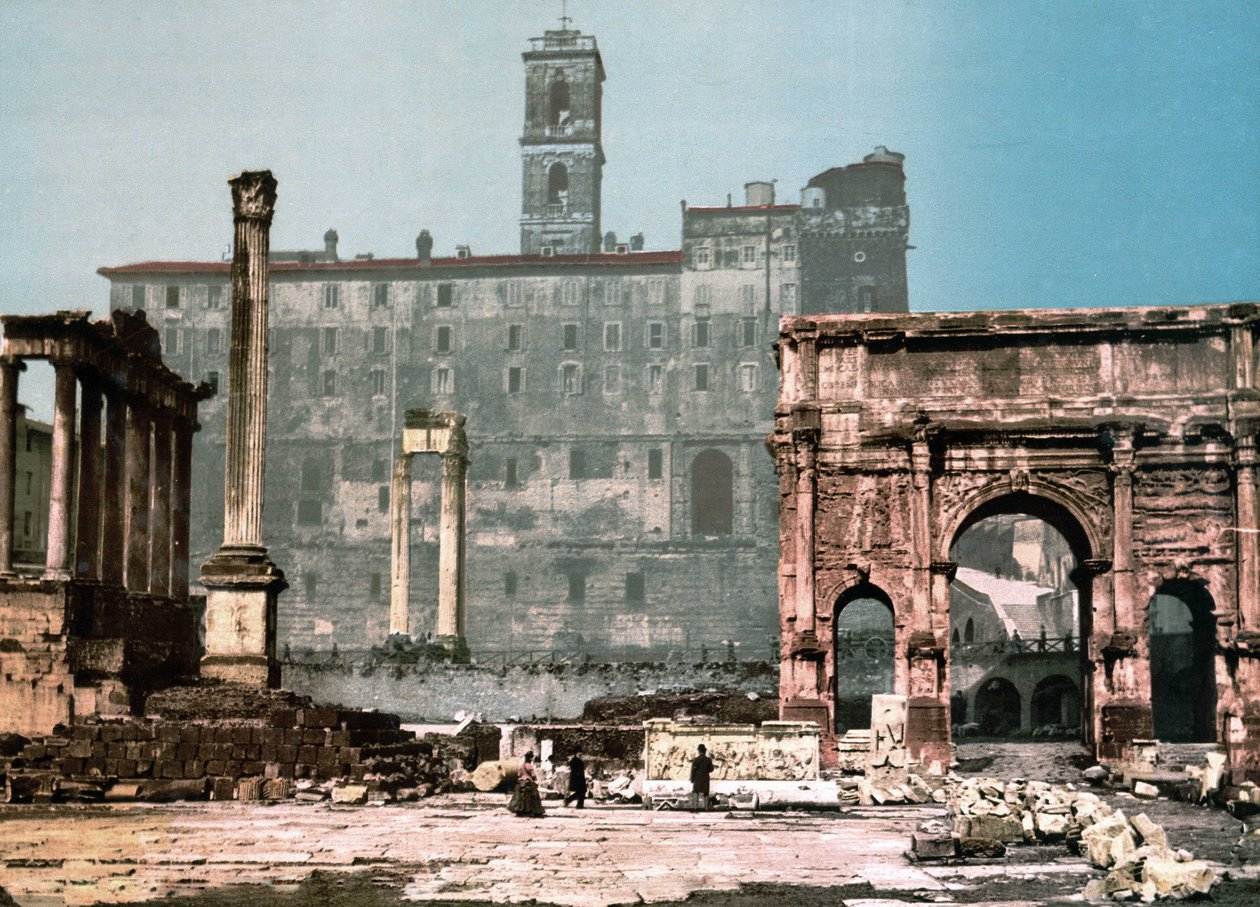 Rooma. Saturnuksen temppeli ja Settimo Severon kaari. Photochrome sd. noin 1900. tekijältä Unknown photographer