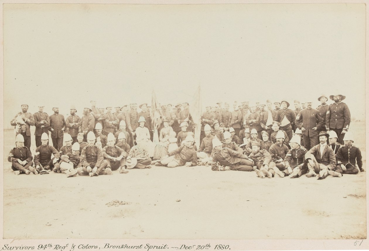 Survivors 94th Regt & Colors, Bronkhurst [sic] Spruit. - 20. joulukuuta 1880, Pretoria, Transvaalin sota (1880-1881), 5. huhtikuuta 1881 (m/v kuva) tekijältä Unknown photographer