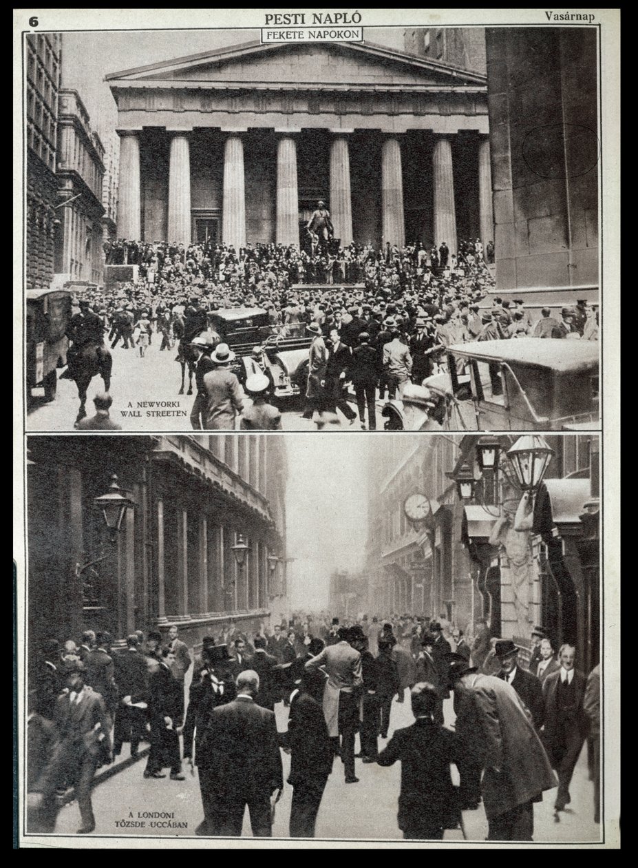 Ylhäällä: Wall Streetin mustat päivät; alhaalla: Lontoon pörssi vuoden 1929 romahduksen aikaan, Pesti Naplo -teoksesta. tekijältä Unknown photographer