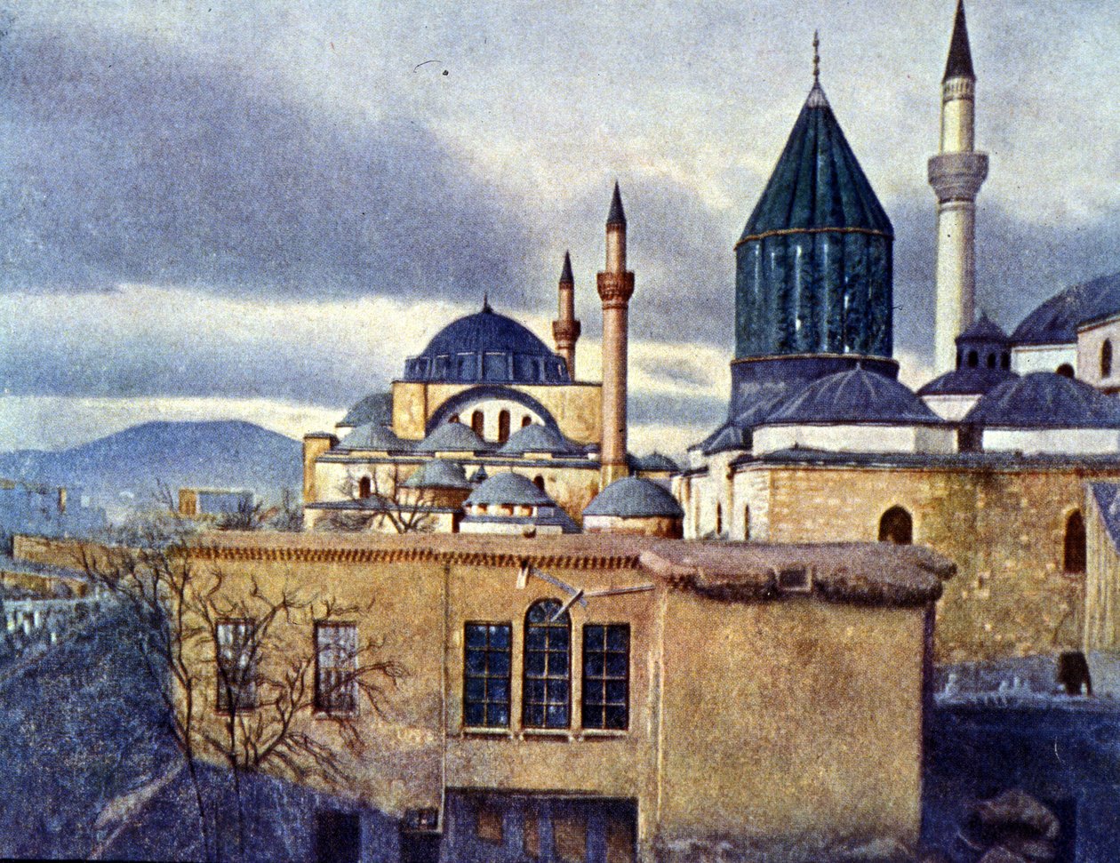 Näkymä Mevlanan mausoleumista Konyassa (Turkki). Mevlana Celaleddin Rumi on Turning Dervishes -järjestön perustaja. Autochrome tekijältä Unknown photographer