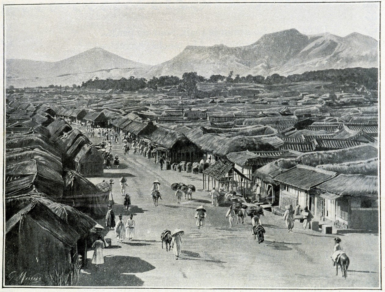 Näkymä Soulin pääkadulle, Korean pääkaupungille 1800-luvulla tekijältä Unknown photographer