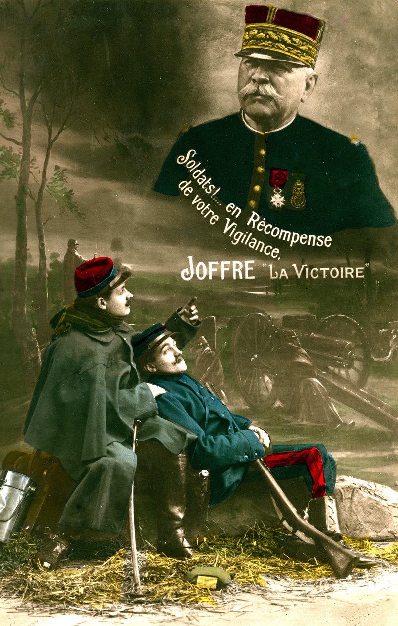 Ensimmäisen maailmansodan postikortti, Marechal Joseph Joffre puhuttelee "poilus" -joukkoja: "Sotilaat! Palkkioksi valppaudestanne, voitto." (kuva) tekijältä Unknown photographer