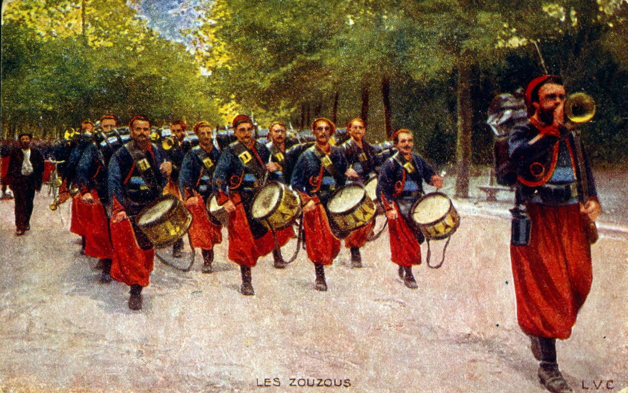 Ensimmäisen maailmansodan propagandapostikortti. noin 1916. esittää Pohjois-Afrikan Zouaves-sotilaita. tekijältä Unknown photographer