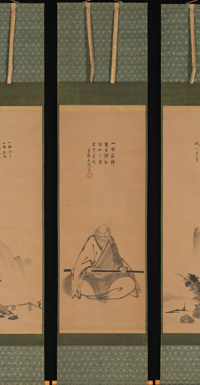 Zen-mestari meditaatiohenkilökunnan kanssa ja kiinalaistyylisiä maisemia, luultavasti 1620-luvun lopulla-1644. tekijältä Unkoku Toeki