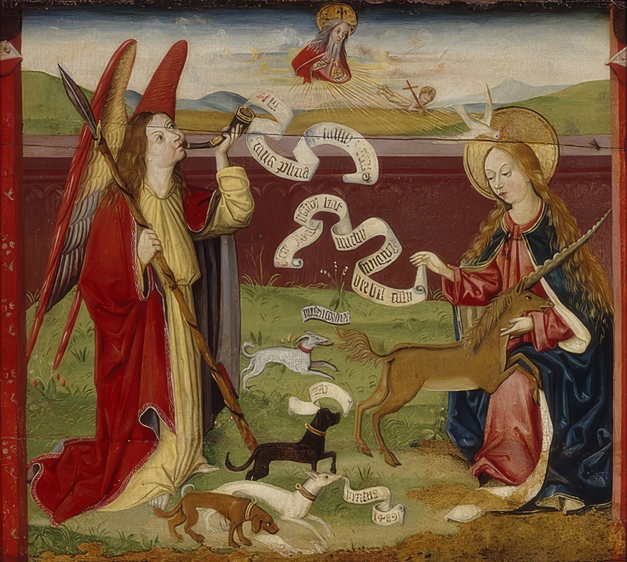 Ilmoitus. Mystinen yksisarvisten metsästys. 1489 tekijältä Upper Rhenish Master