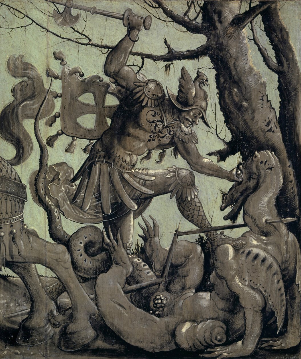 Pyhä Yrjö taistelee lohikäärmettä vastaan, n.1520 (tempera limenpuulle). tekijältä Urs Graf