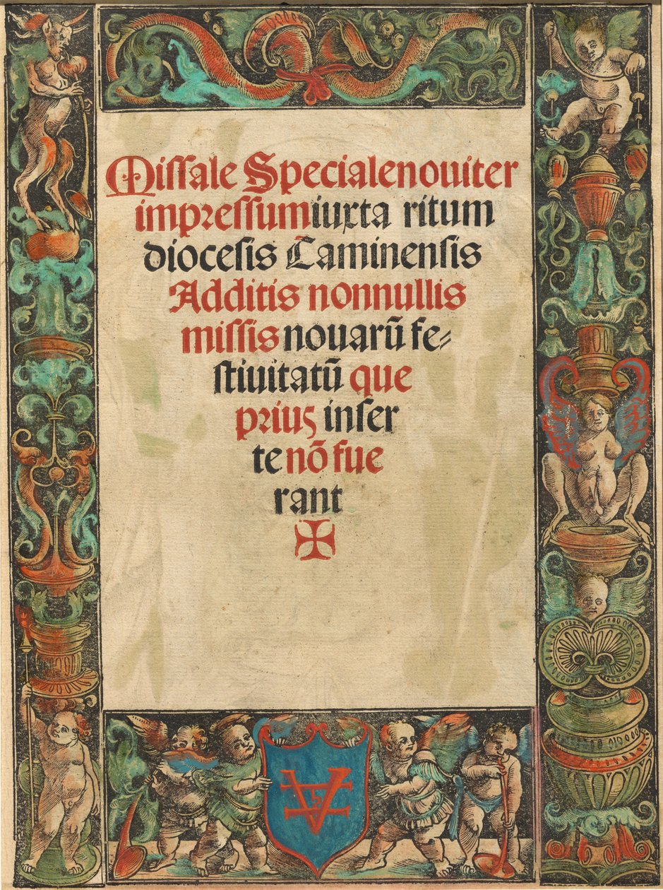 Missalin nimilehti, Satyr ja Putti Border [verso], n. 1511. tekijältä Urs Graf