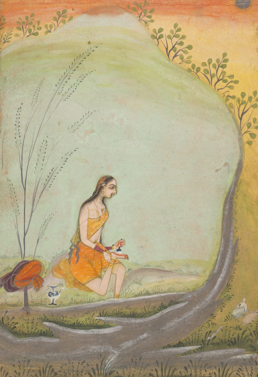 Nainen levittää hennaa jalkaansa, n. 1720-30. tekijältä Ustad Mohamed