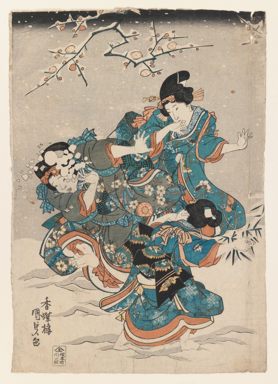 Snow Scene (värillinen puupalikkaprintti) tekijältä Utagawa 1786 1864 Kunisada