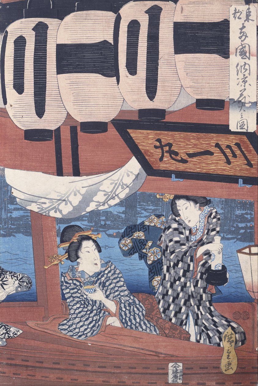 Ilotulituksesta ja illan viileydestä nauttiminen Ryogokun sillalla itäisessä pääkaupungissa tekijältä Utagawa Hiroshige