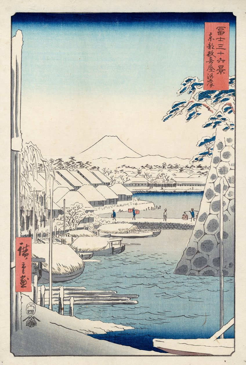 Jokiranta Sukiyassa Edossa (Tto Sukiya-gashi), sarjasta Kolmekymmentäkuusi näkymää Fuji-vuorelta (Fuji... tekijältä Utagawa Hiroshige