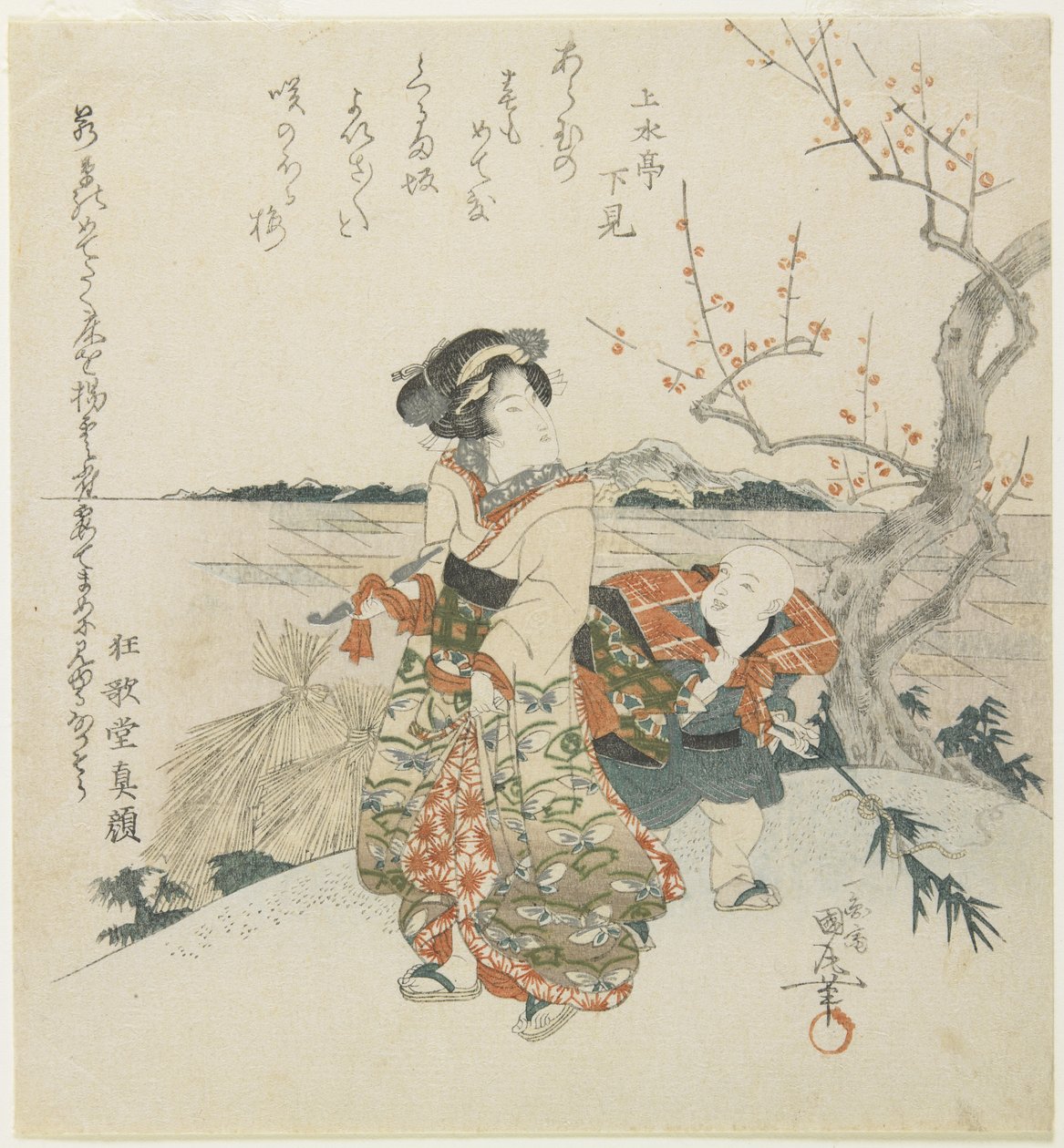 (Girl and Shopboy Viewing Plum Blossoms), 1800-luvun alku tekijältä Utagawa Kunimaru