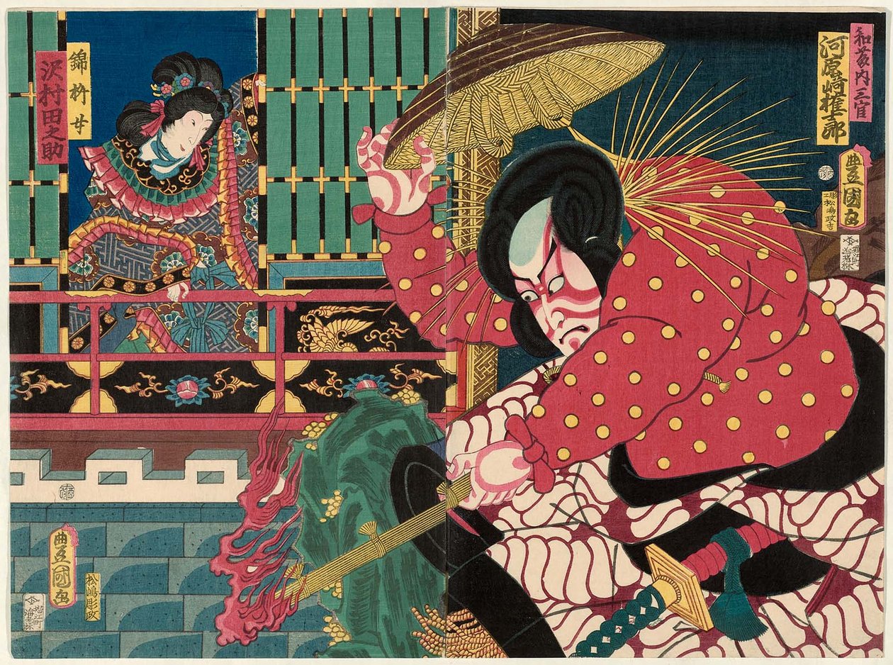 Näyttelijät Kawarazaki Gonjuro I hahmona Watonai Sankan R ja Sawamura Tanosuke III hahmona Kinshojo L tekijältä Utagawa Kunisada