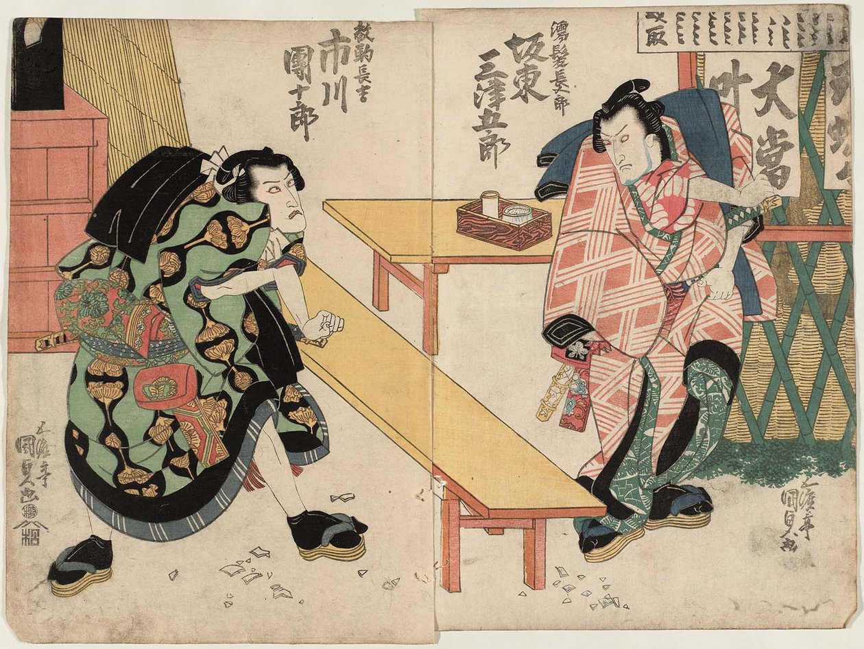 Näyttelijät Bando Mitsugoro III hahmona Nuregami Chogoro R ja Ichikawa Danjuro VII hahmona Hanaregoma Chokichi L tekijältä Utagawa Kunisada