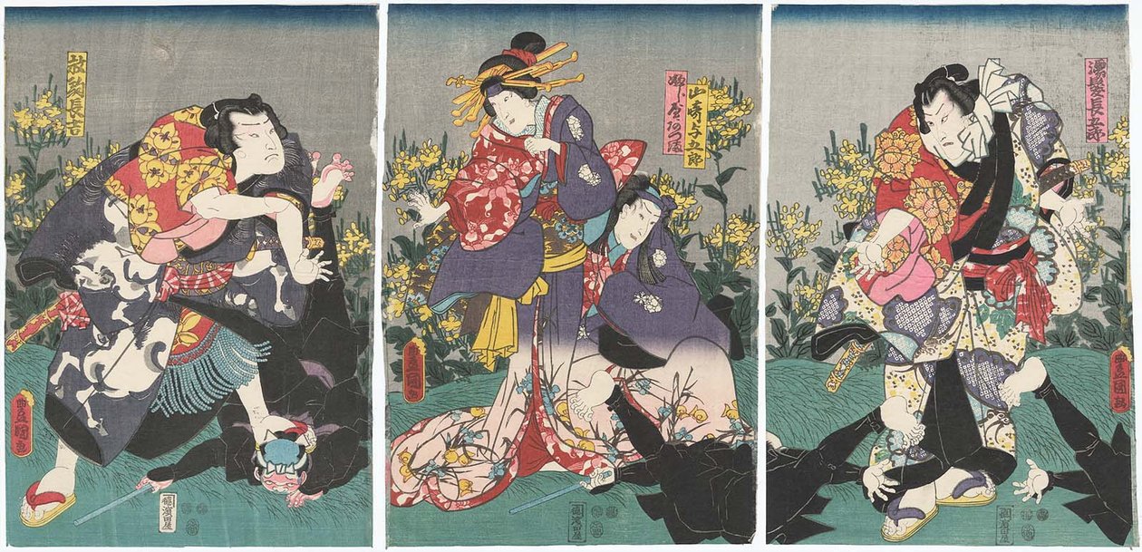 Näyttelijät Ichikawa Danjuro VIII Nuregami Chogoro R: nä, Ichikawa Saruzo I Yamasaki Yogorona, Iwai Kumesaburo III Fujiya C: n Azumana ja Arashi Rikan III Hanaregoma Chokichi L: nä tekijältä Utagawa Kunisada