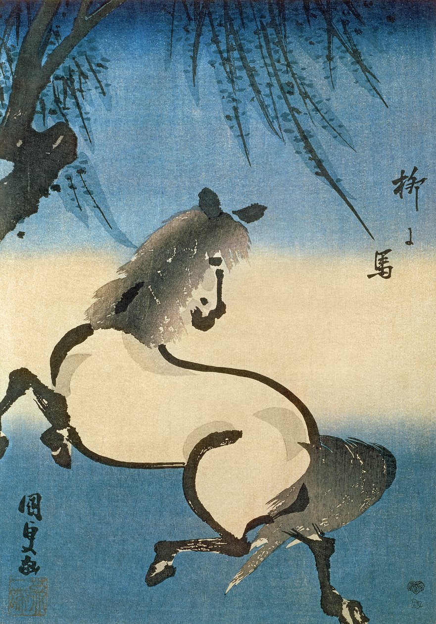 Hevonen ratsastaa pajupuun alla, (värillinen puupiirros) tekijältä Utagawa Kunisada