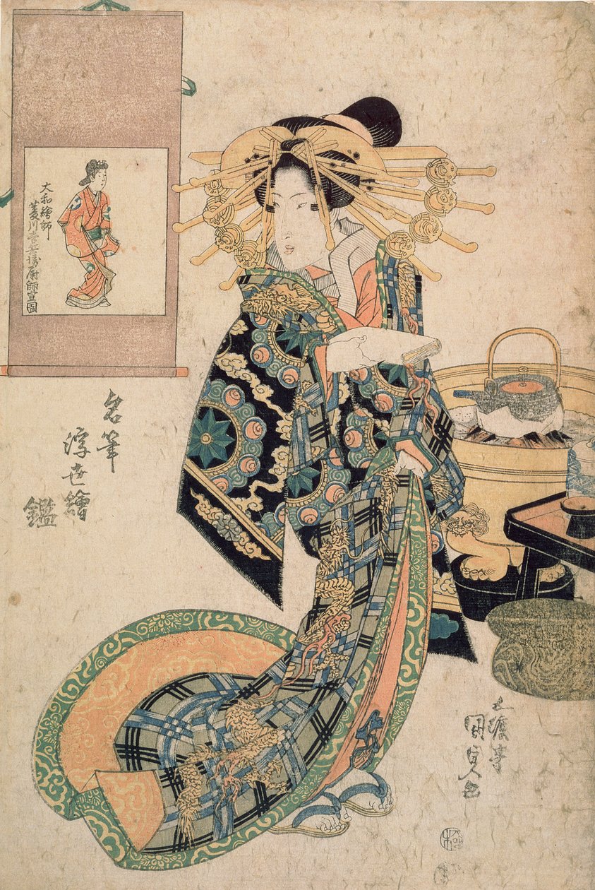 Courtesaania verrattiin Moronobun maalaukseen sarjasta "Mirror Brushes of Ukiyo-e", n. 1830 (värillinen puupainatus) tekijältä Utagawa Kunisada