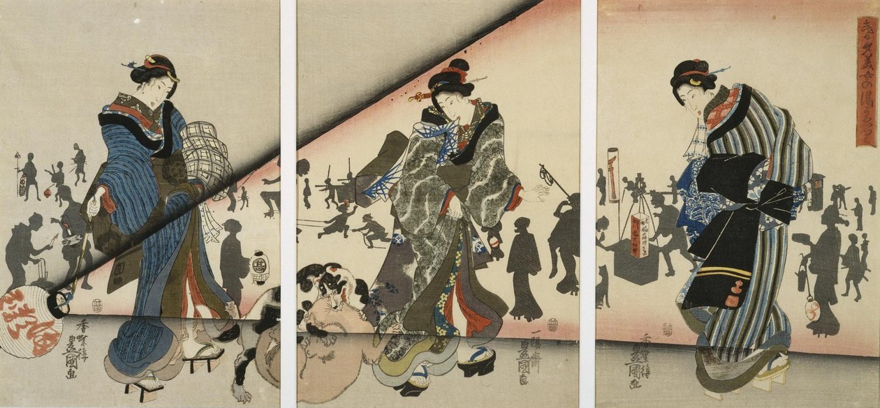 Yökuvaus, jossa on tyttöjä, eläimiä ja lyhtyjä tekijältä Utagawa Kunisada